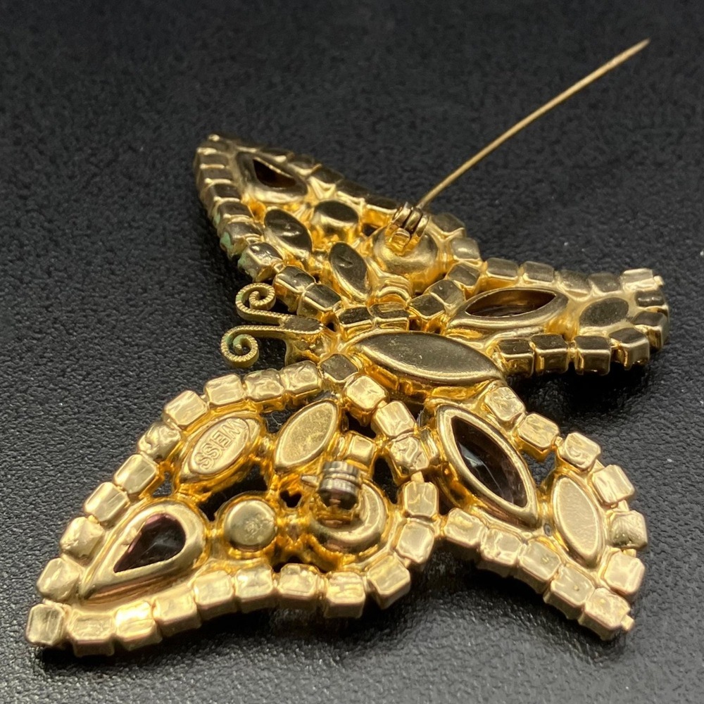 Signed Weiss Butterfly Brooch Pink Frost AB Rhinestone Gold Tone 1950s - Picture 7 of 9